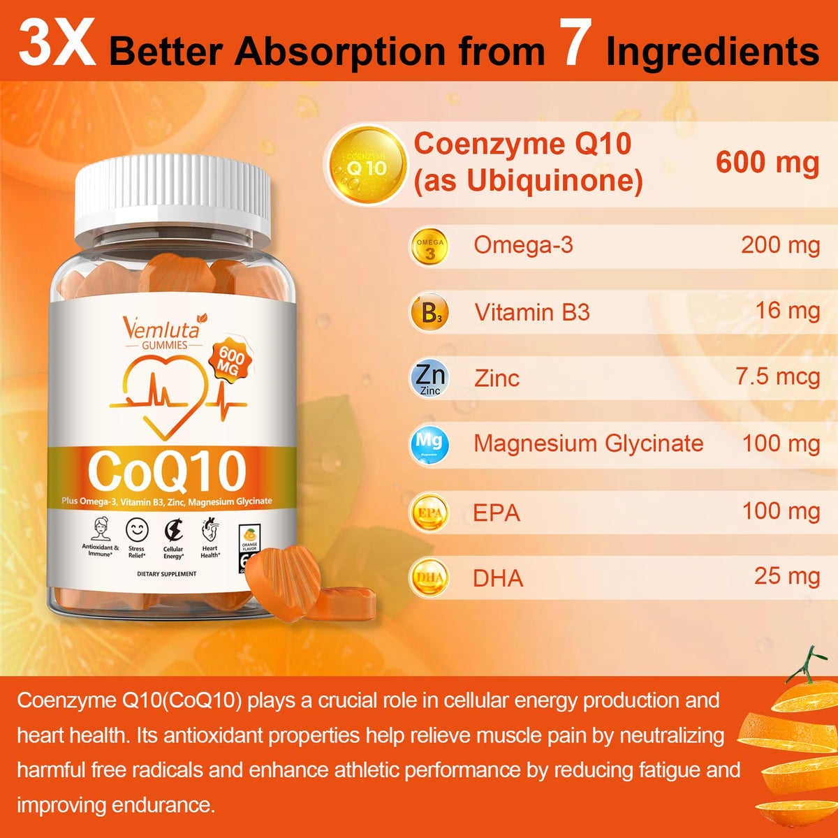 Gummies Vemluta CoQ10 avec Omega-3 et Magnésium en gros plan