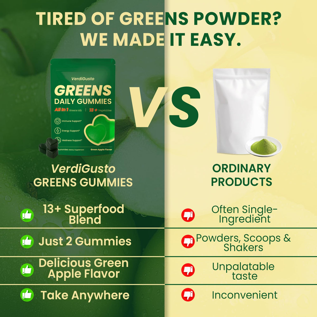 Gummies VerdiGusto Superfood Greens à côté d'un verre d'eau