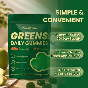 Gummies VerdiGusto Superfood Greens en gros plan sur une surface blanche