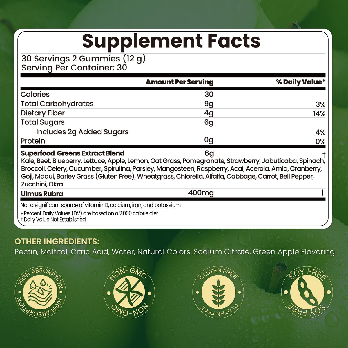Gummies VerdiGusto Superfood Greens sur une table avec des fruits