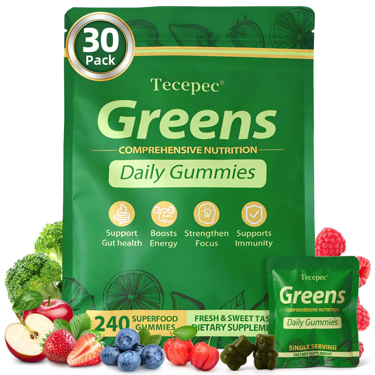 Gummies verts Tecepec 240 unités en emballage individuel