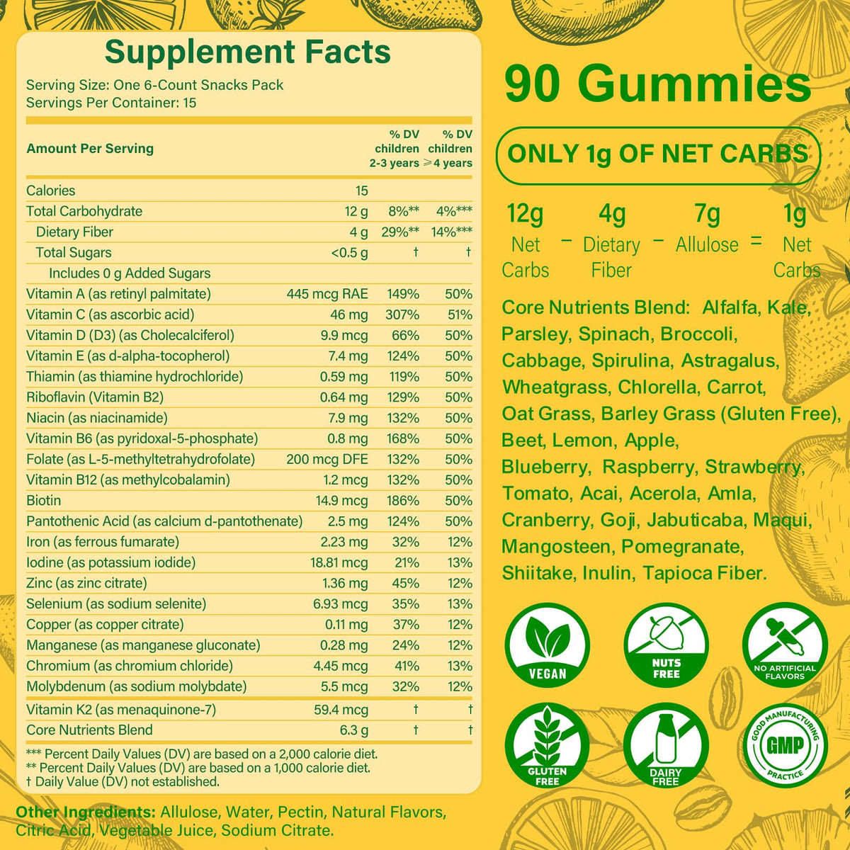 Gummies verts Tecepec sur une table avec des fruits