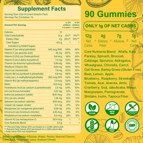 Gummies verts Tecepec sur une table avec des fruits
