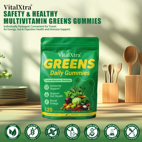 Gummies verts VitalXtra avec fruits et légumes en arrière-plan