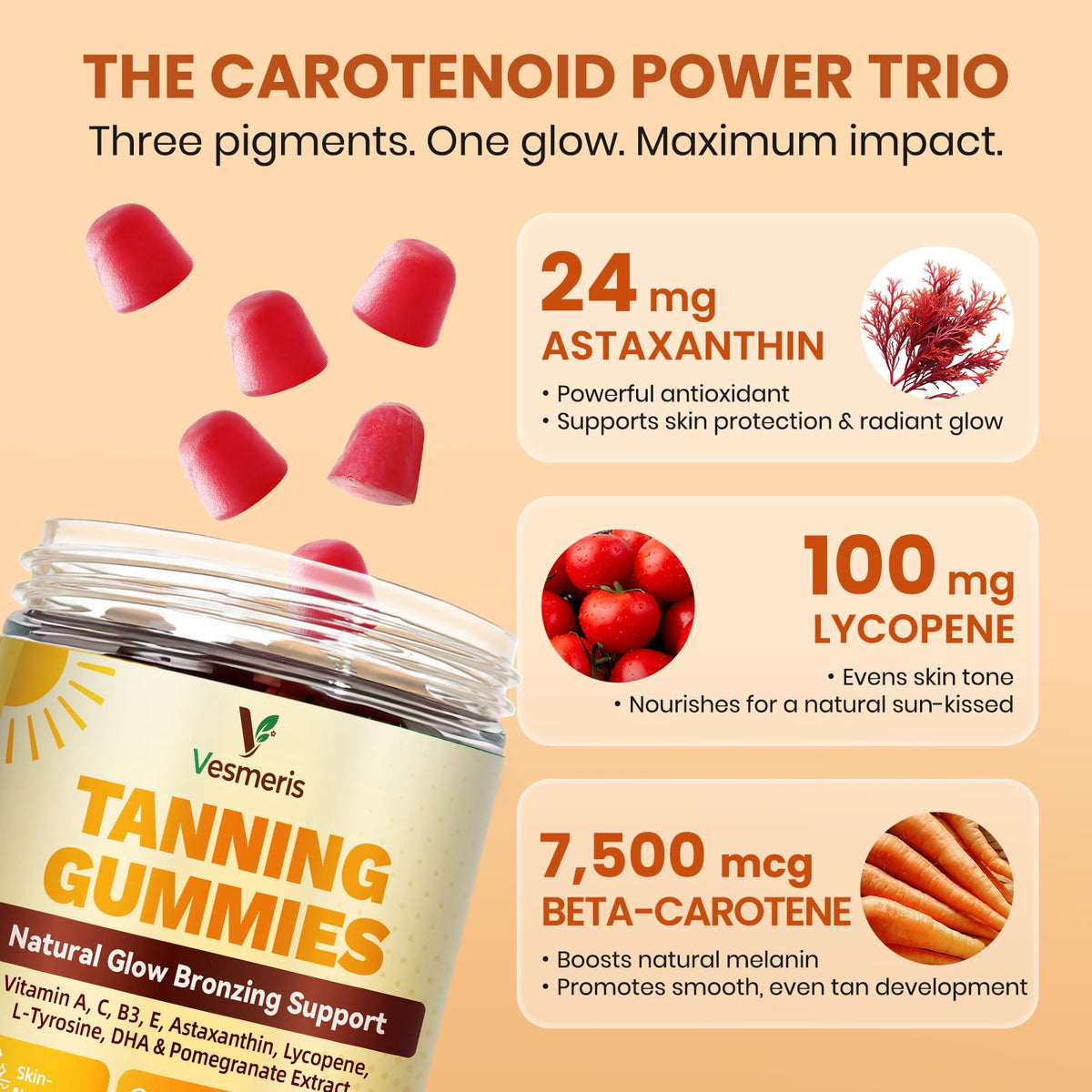 Gummies Vesmeris avec ingrédients naturels en arrière-plan