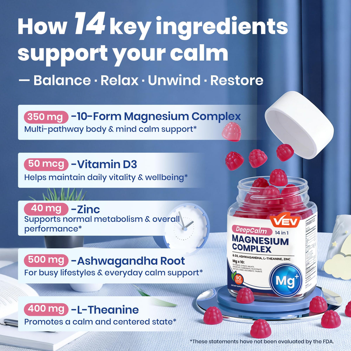 Gummies VEV au magnésium sur une table, mise en scène
