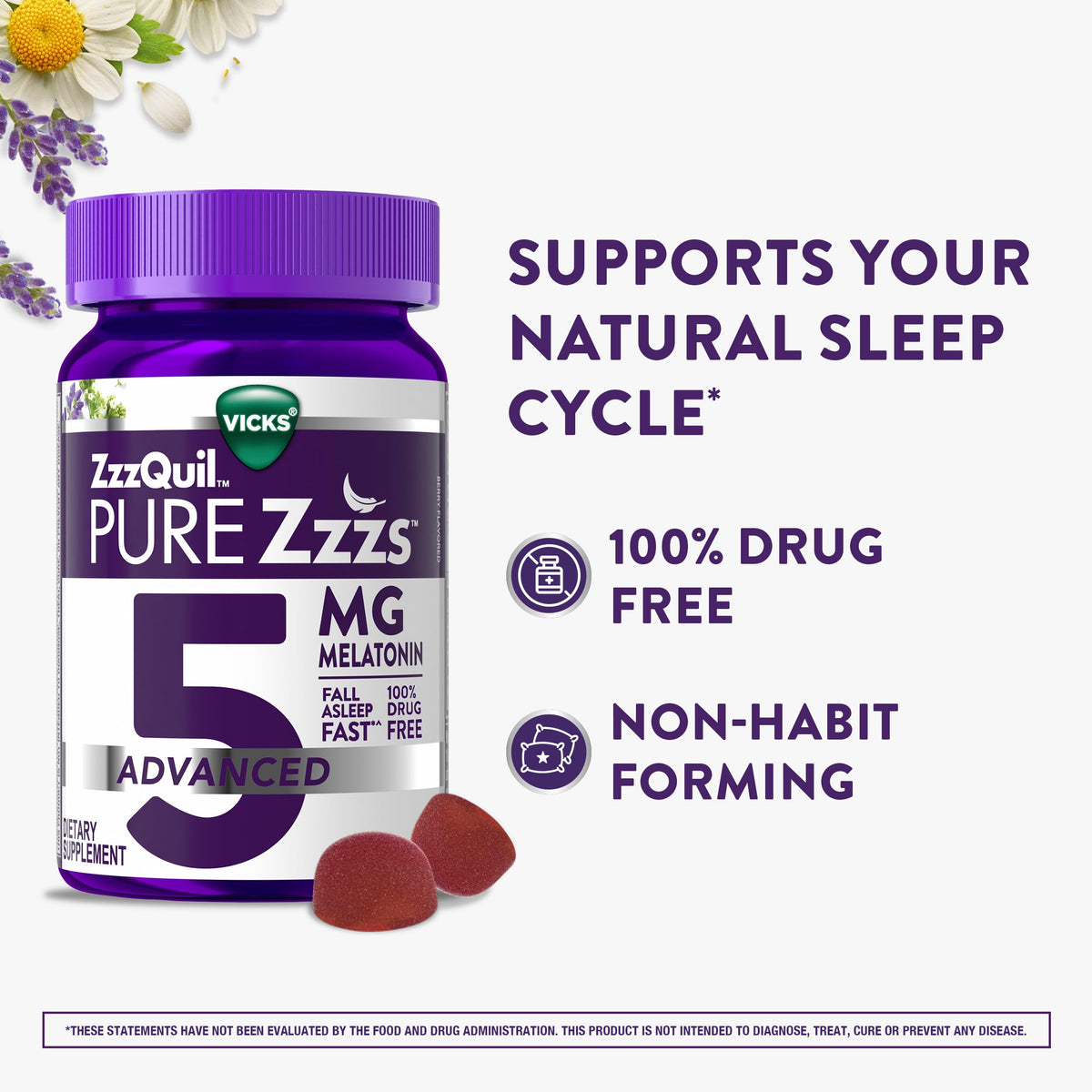 Gummies Vicks ZzzQuil Pure Zzzs sur une table