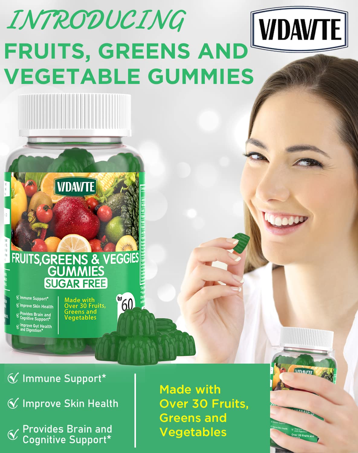 Gummies VIDAVITE avec des fruits en arrière-plan
