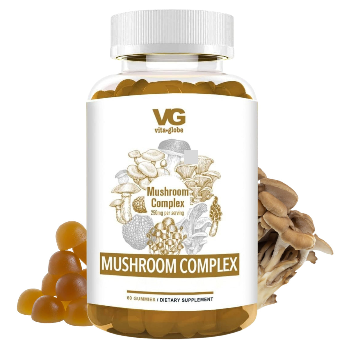 Gummies VITA GLOBE Complexe de Champignons 250mg devant un fond blanc