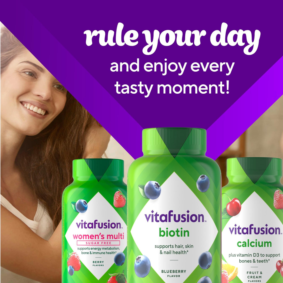 Gummies Vitafusion biotine sur un plateau avec fruits