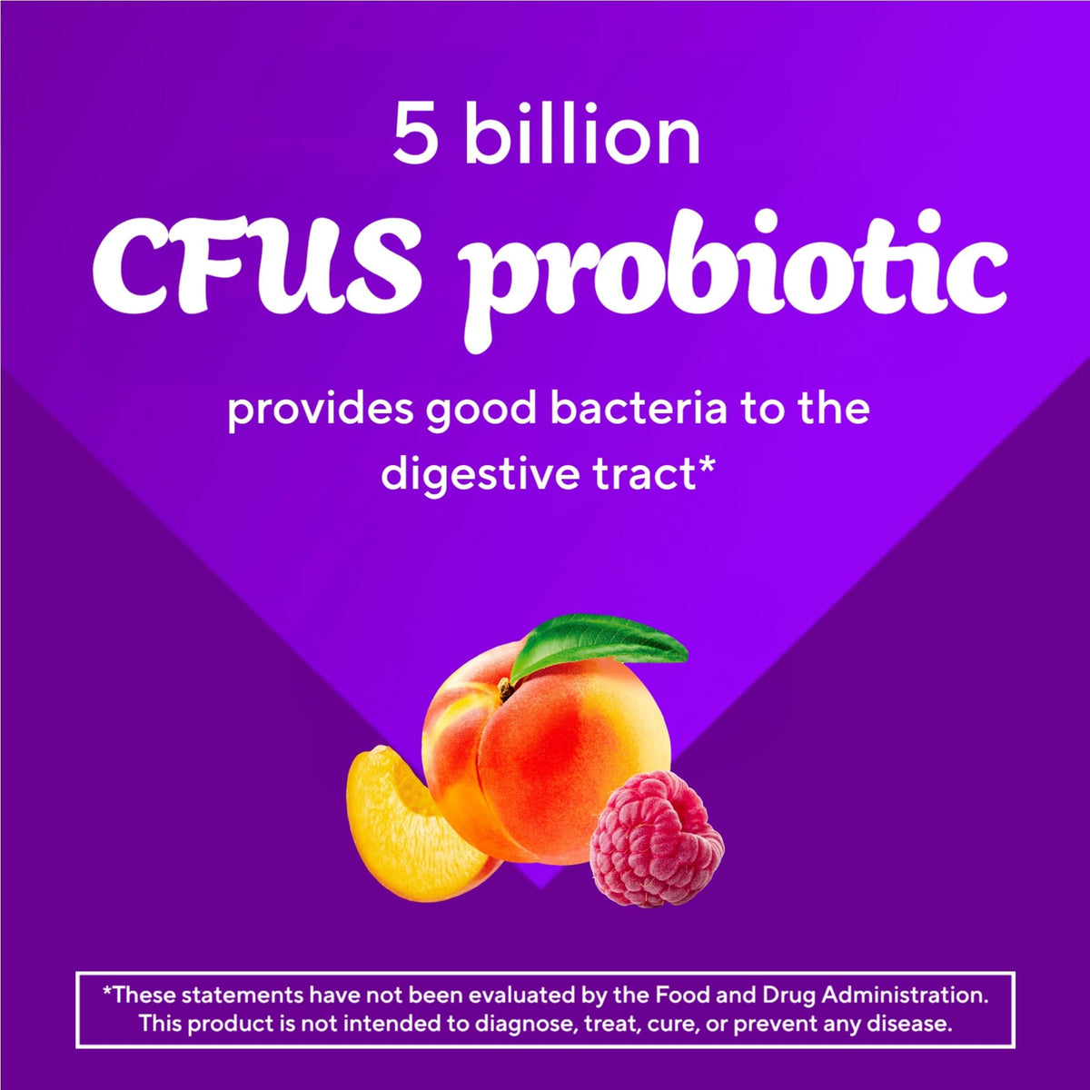 Gummies Vitafusion sur une table avec fruits frais en arrière-plan
