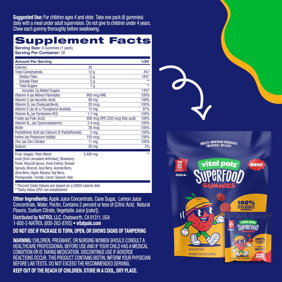 Gummies Vital Pals Citra-Berry avec fruits et légumes en arrière-plan