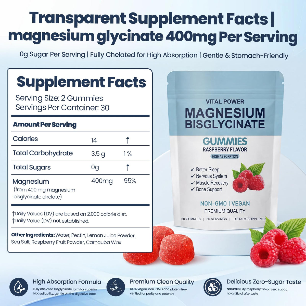 Gummies VITAL POWER de magnésium bisglycinate, flacon ouvert avec gummies visibles
