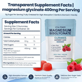 Gummies VITAL POWER de magnésium bisglycinate, flacon ouvert avec gummies visibles