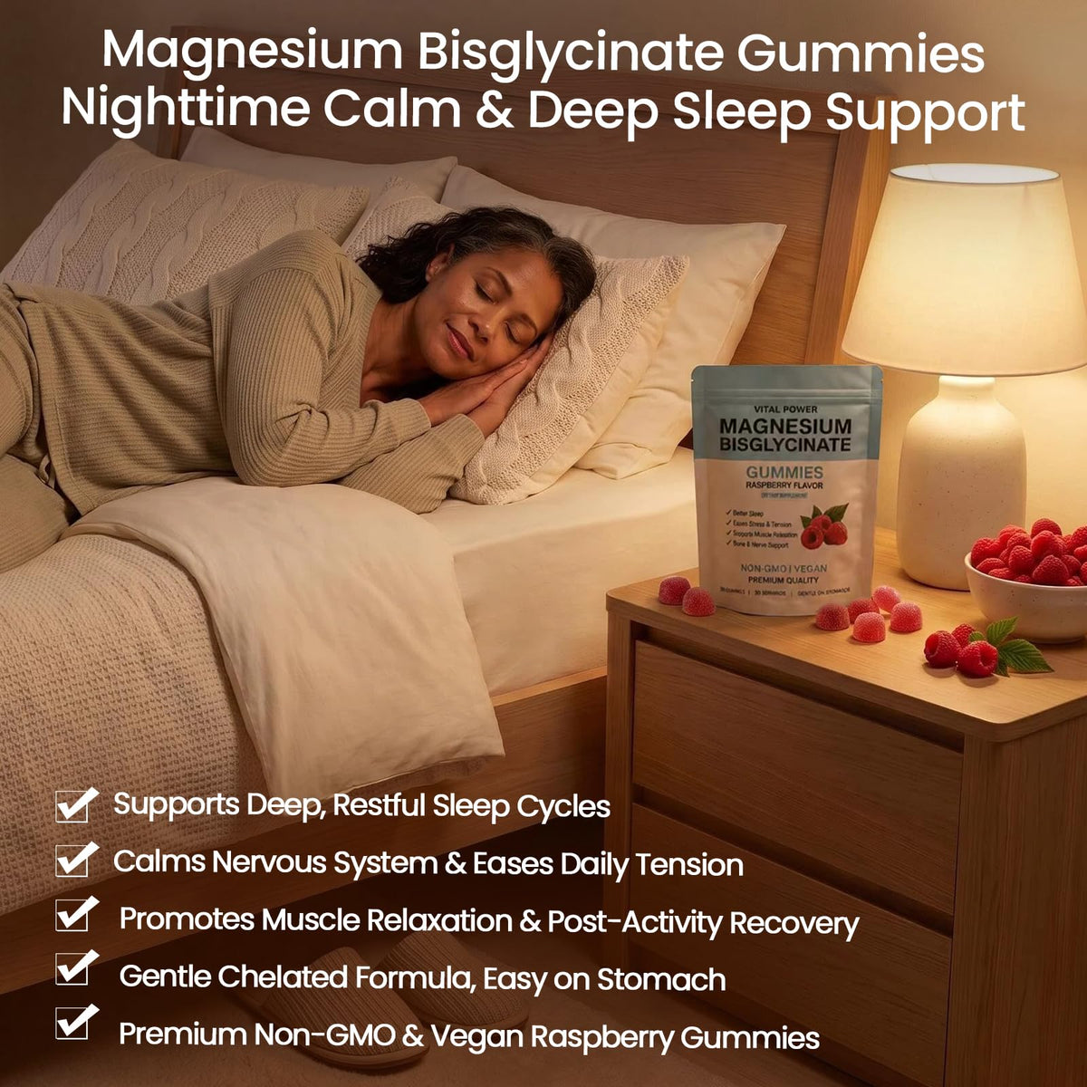 Gummies VITAL POWER de magnésium bisglycinate, mise en scène sur un bureau
