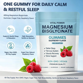 Gummies VITAL POWER de magnésium bisglycinate sur une table, avec une framboise
