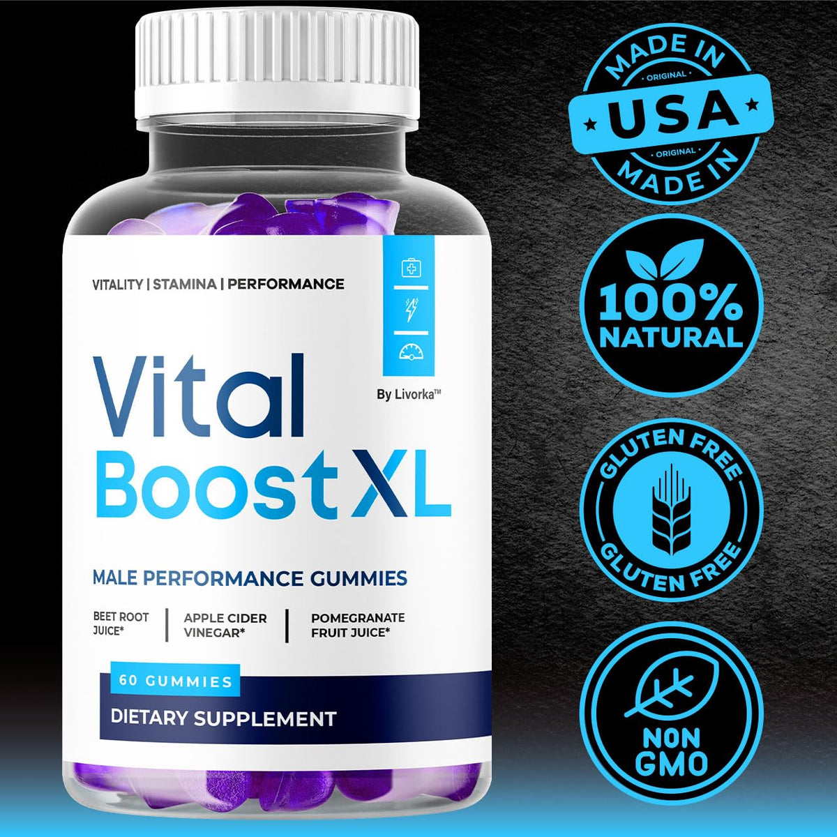 Gummies Vital support XL LIVORKA avec des ingrédients naturels en arrière-plan