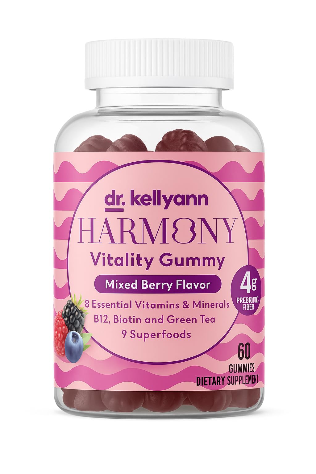 Gummies Vitalité Harmony Dr. Kellyann en vue de face, emballage fruits rouges