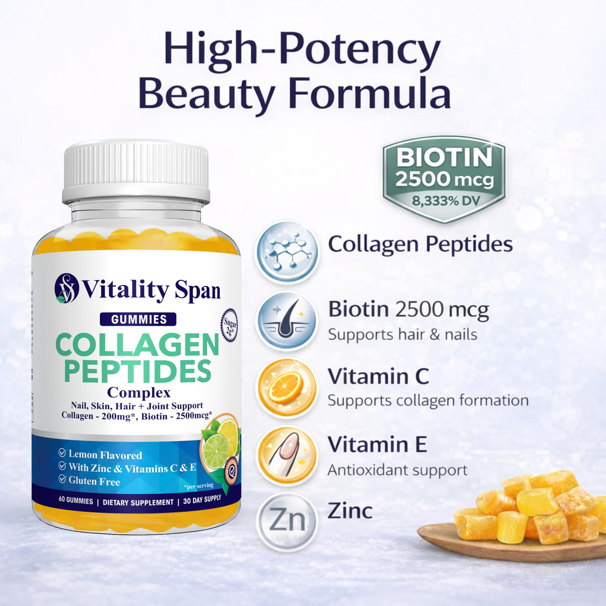 Gummies Vitality Span sur une table, en mettant en avant la texture