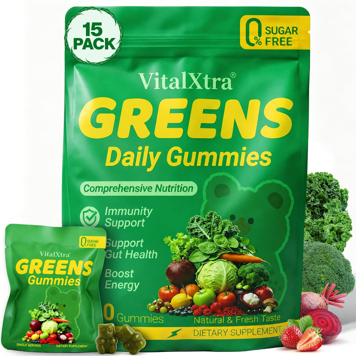 Gummies VitalXtra multivitamines végétales sans sucre, paquet de 120 unités