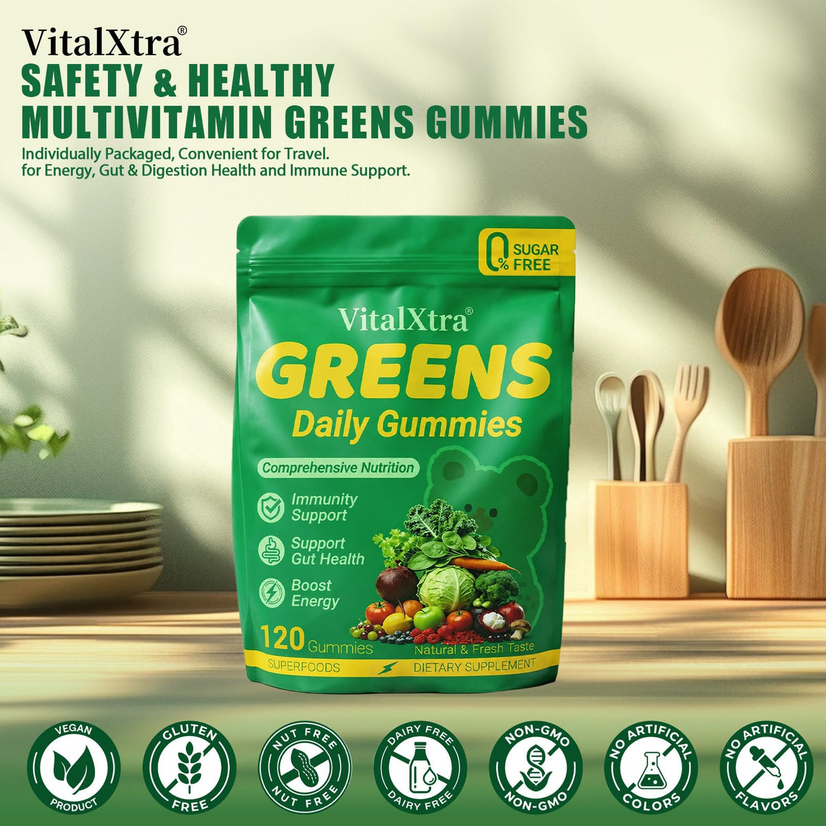 Gummies VitalXtra, présentation avec des fruits et légumes