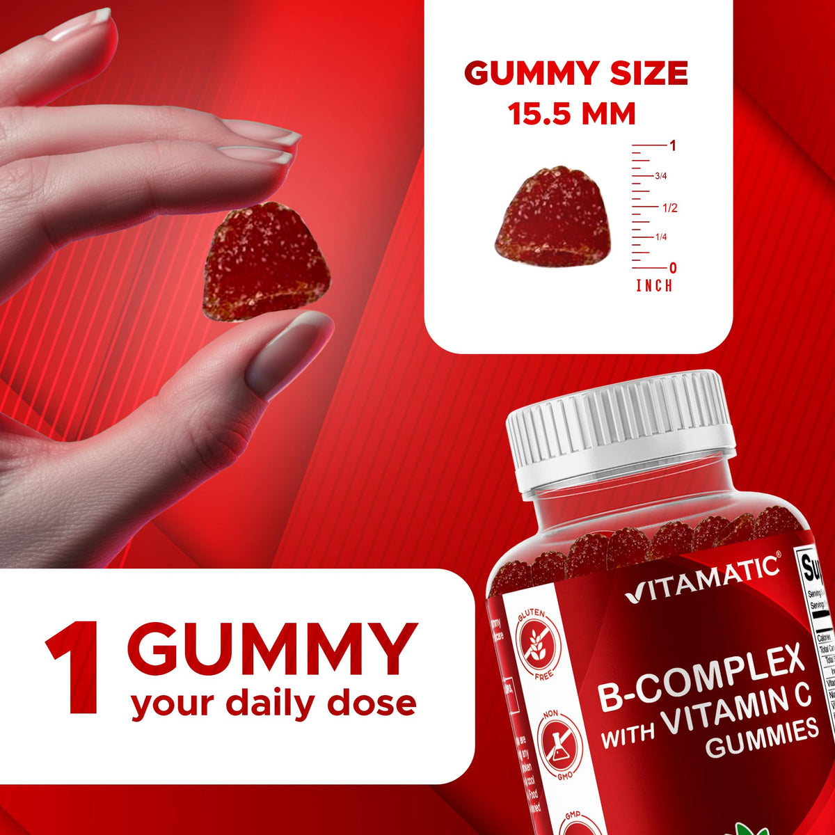 Gummies Vitamatic B-Complex avec un aperçu des ingrédients clés