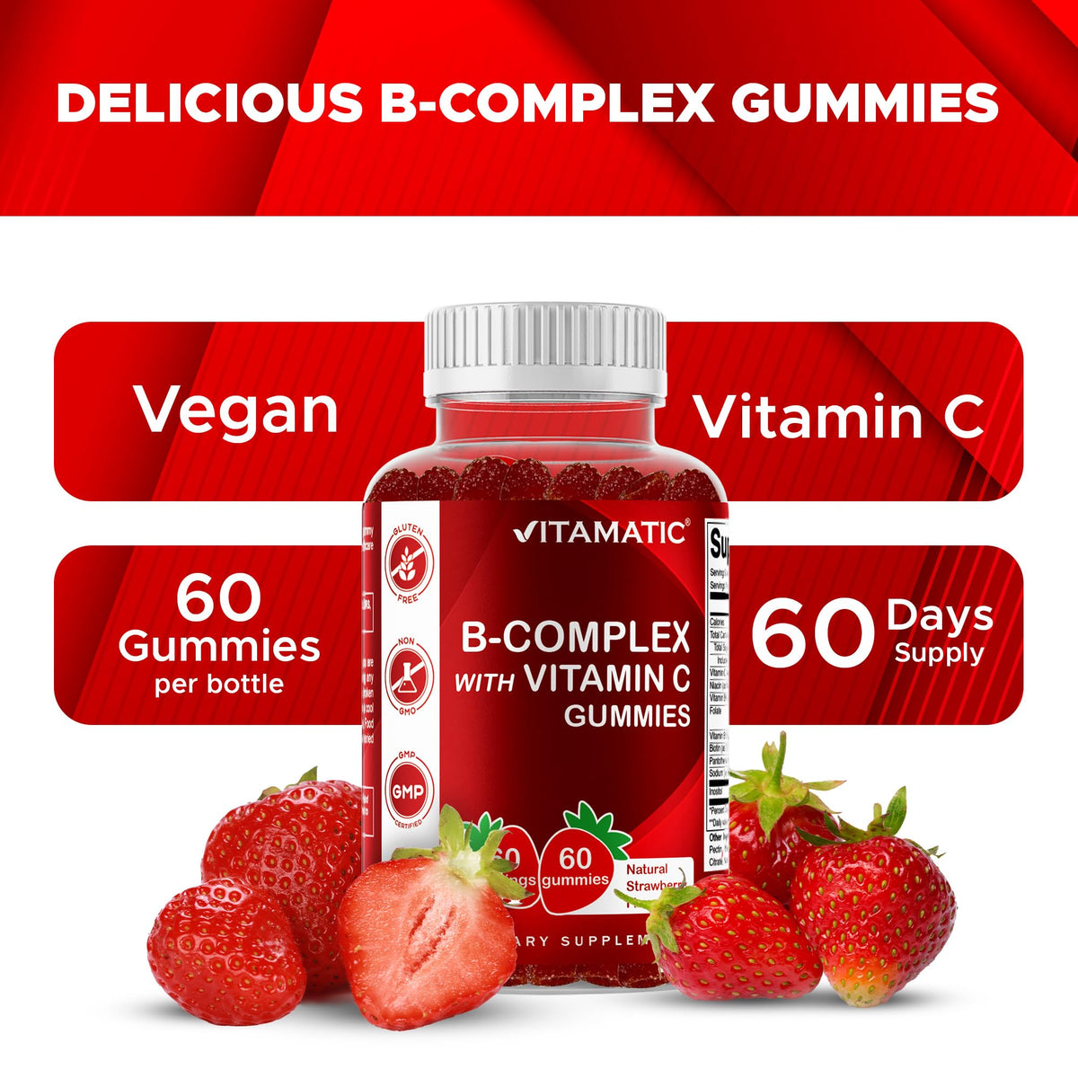 Gummies Vitamatic B-Complex dans un bol avec des fraises fraîches