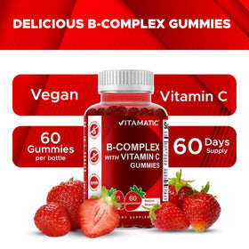 Gummies Vitamatic B-Complex dans un bol avec des fraises fraîches