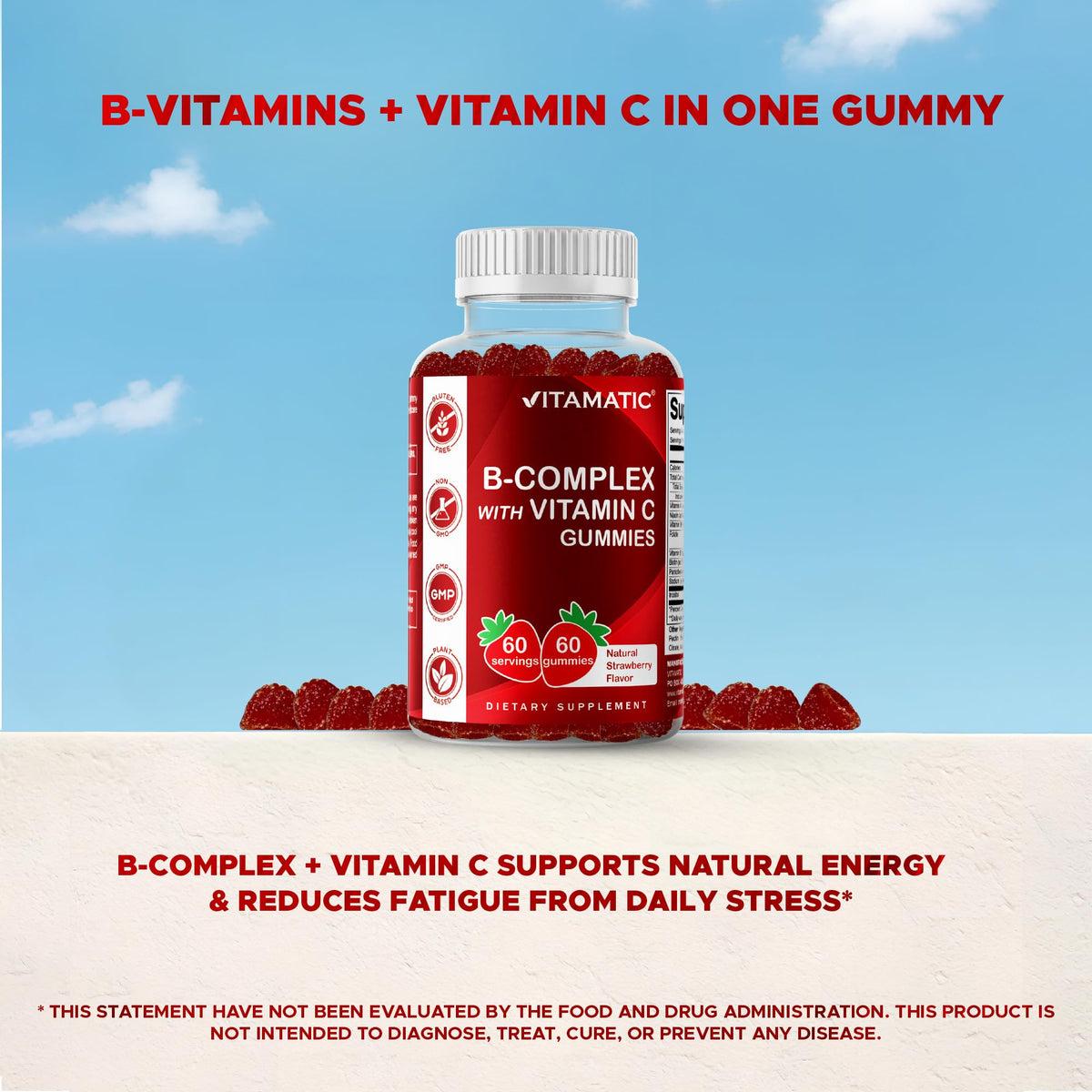 Gummies Vitamatic B-Complex sur une table avec des accessoires de santé