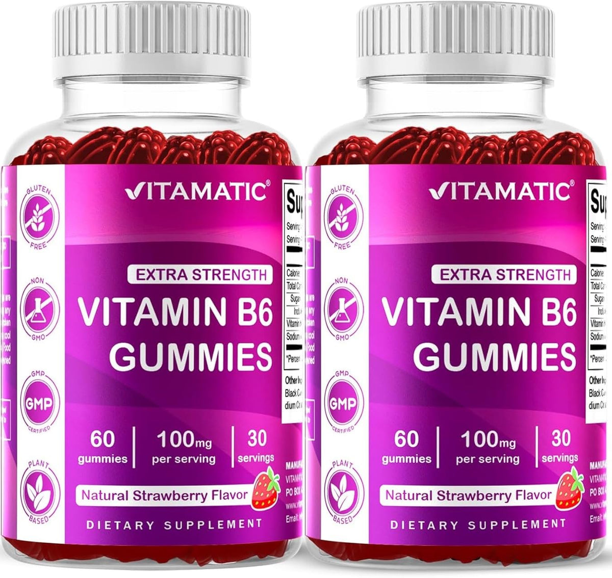 Gummies Vitamatic B6 100mg au goût de fraise naturelle devant un fond blanc