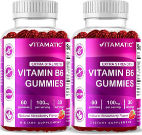Gummies Vitamatic B6 100mg au goût de fraise naturelle devant un fond blanc
