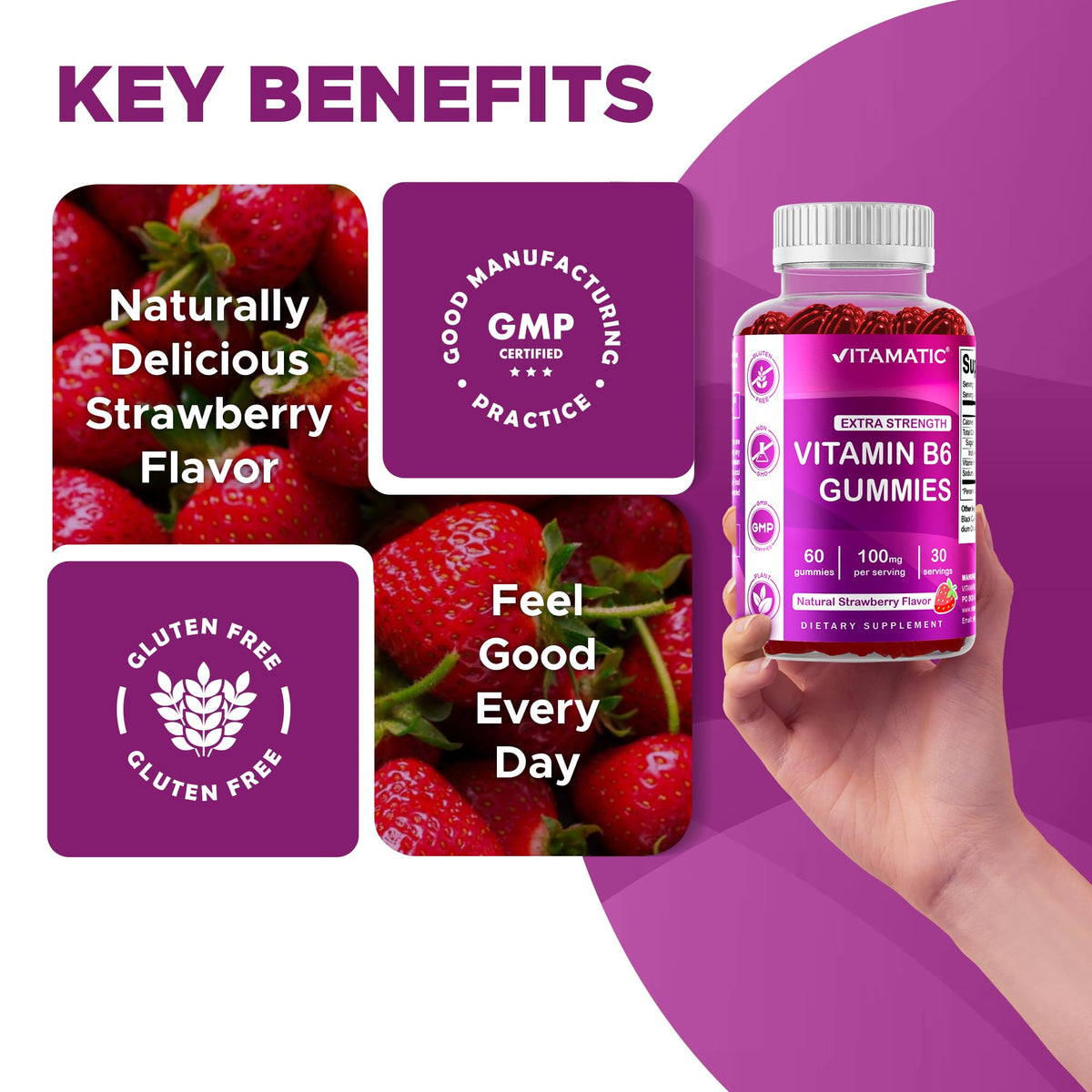 Gummies Vitamatic B6 sur une table, mettant en avant la taille de l'emballage
