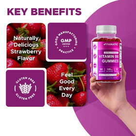 Gummies Vitamatic B6 sur une table, mettant en avant la taille de l'emballage