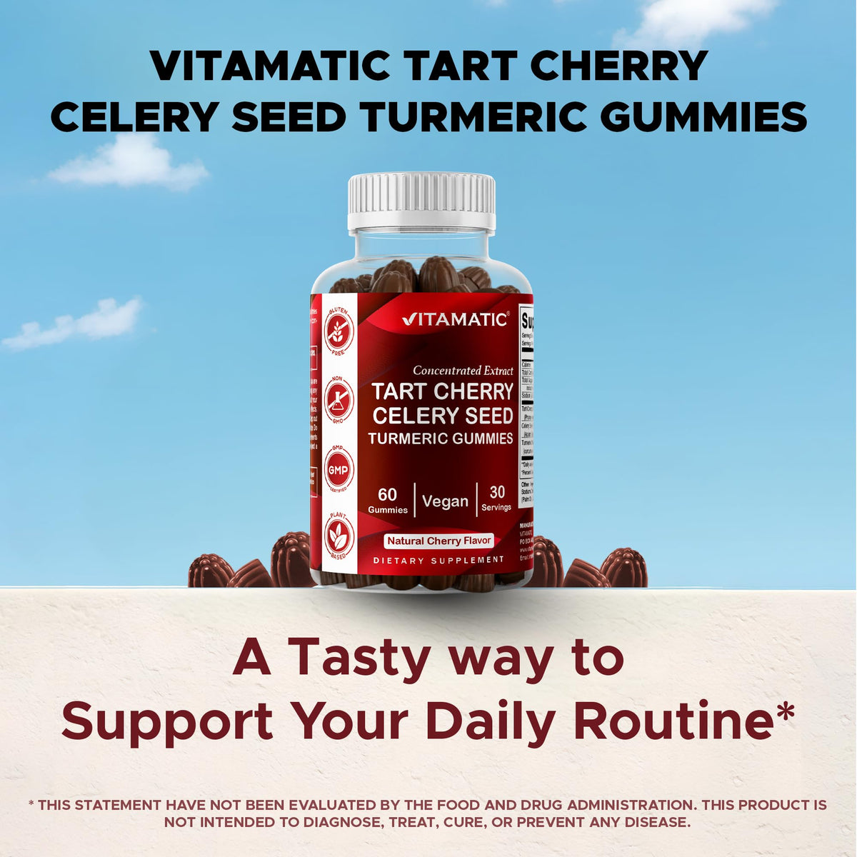 Gummies Vitamatic dans une main avec un verre d'eau