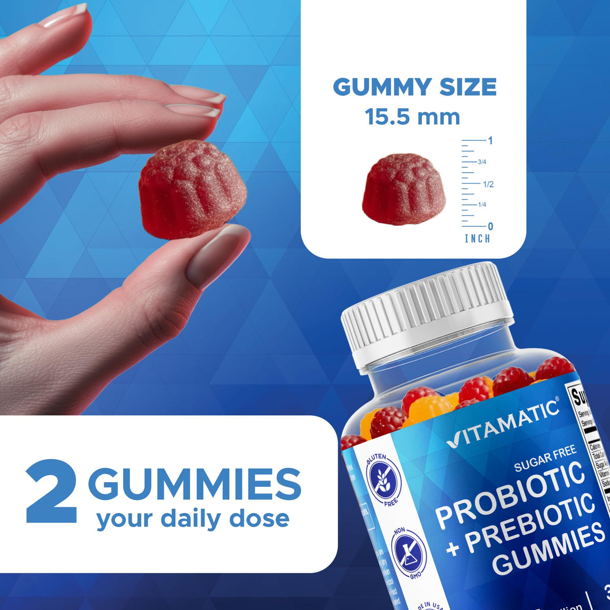 Gummies Vitamatic dans une main, montrant leur taille et couleur