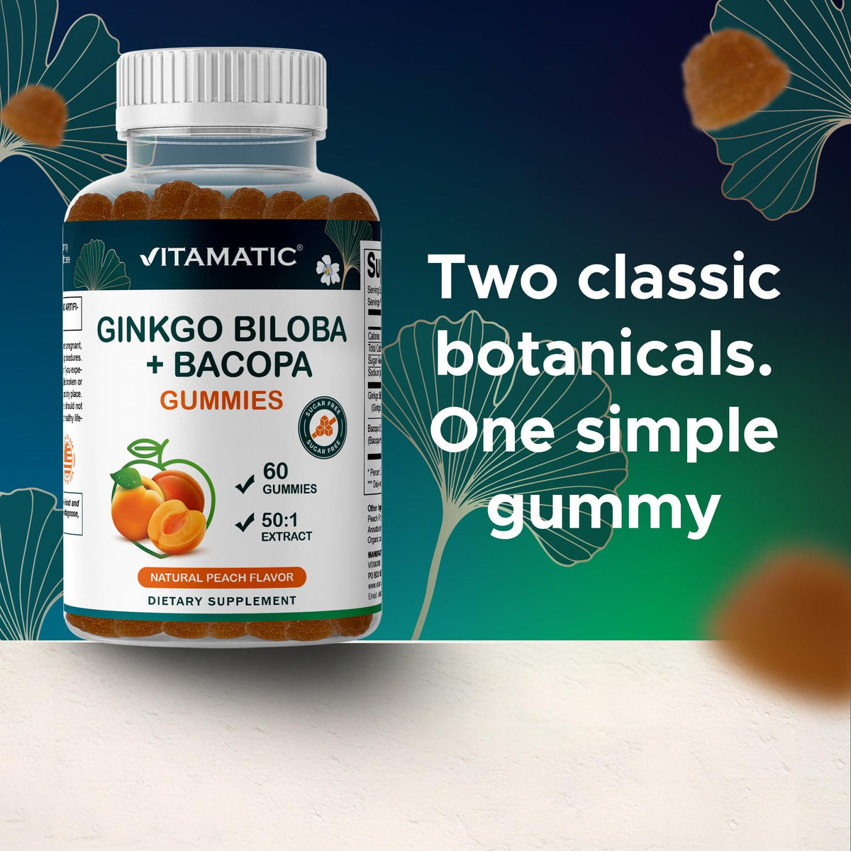 Gummies Vitamatic Ginkgo Biloba et Bacopa en gros plan avec texture