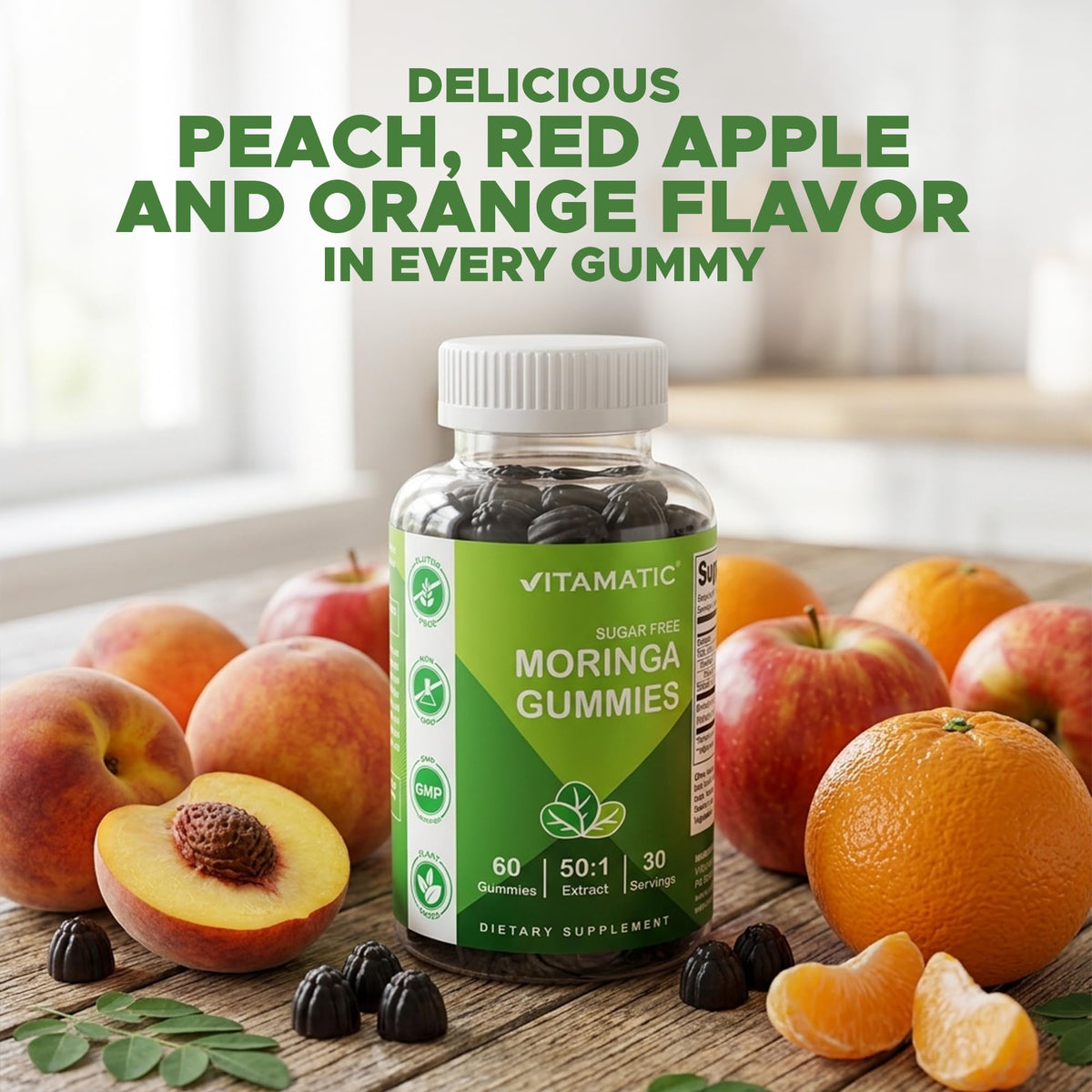 Gummies Vitamatic Moringa sur une table en bois