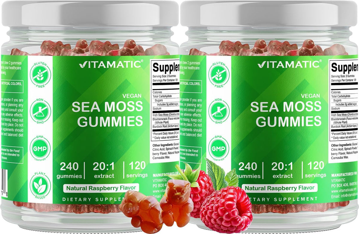 Gummies Vitamatic sur une table avec des fruits
