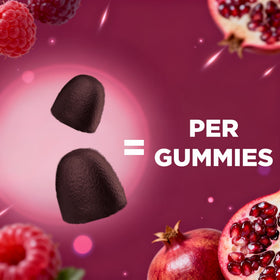 Gummies Vitamatic sur une table avec des fruits frais