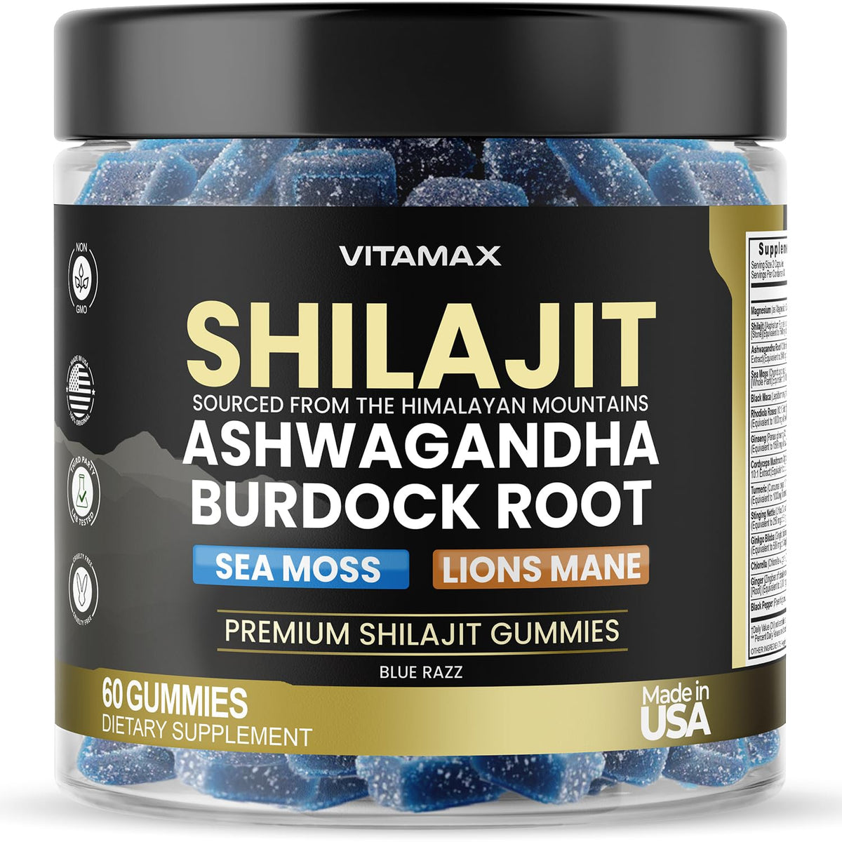 Gummies Vitamax Shilajit 60ct en pot avec étiquette colorée
