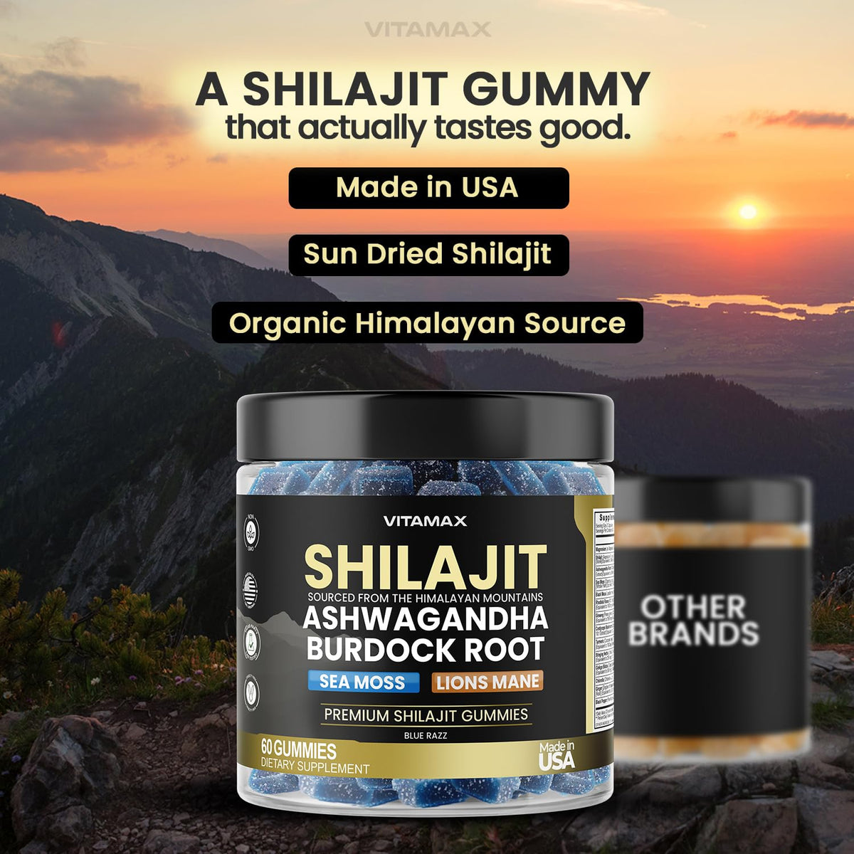 Gummies Vitamax Shilajit avec des ingrédients en arrière-plan