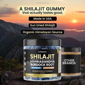 Gummies Vitamax Shilajit avec des ingrédients en arrière-plan