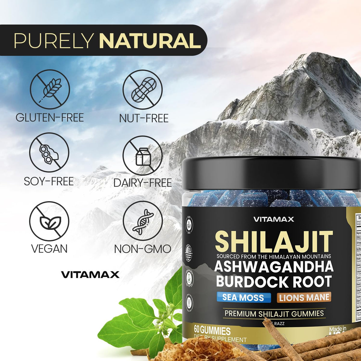 Gummies Vitamax Shilajit avec une main tenant un gummy