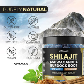 Gummies Vitamax Shilajit avec une main tenant un gummy