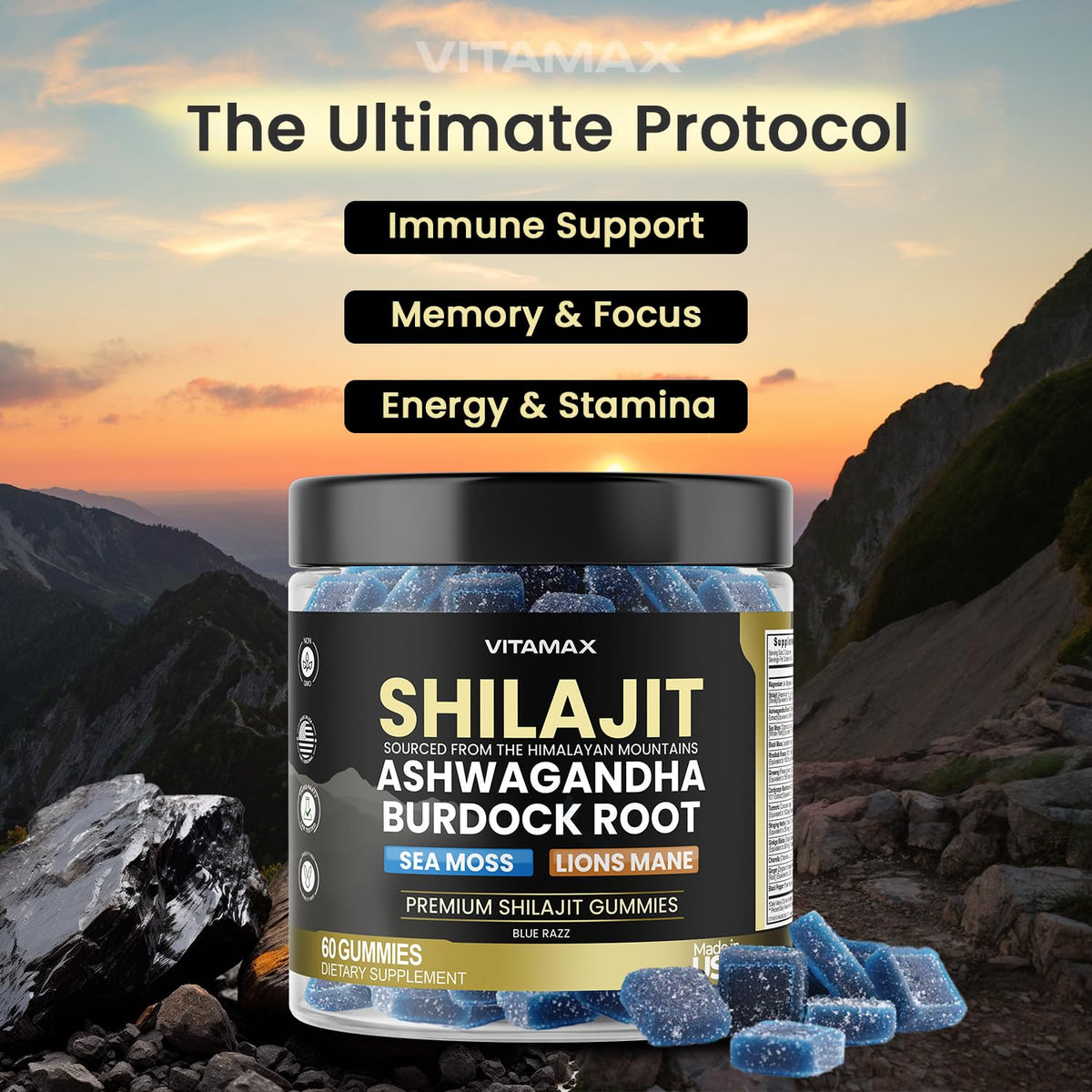 Gummies Vitamax Shilajit montrant la texture et la couleur bleu