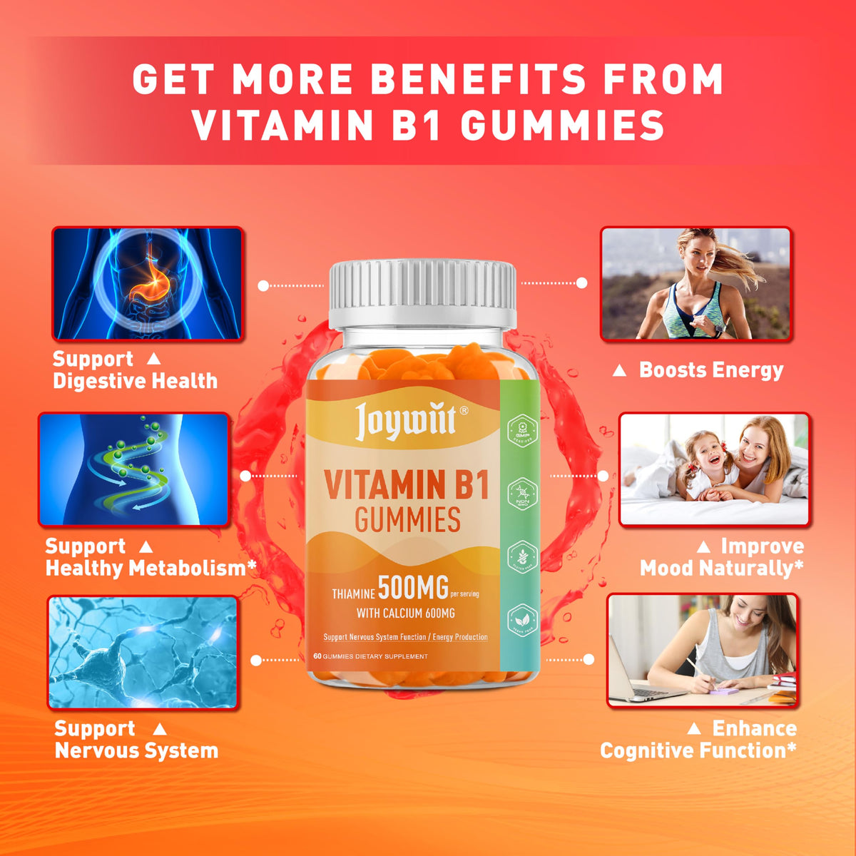 Gummies Vitamine B1 Joywiit 500mg avec fruits en arrière-plan