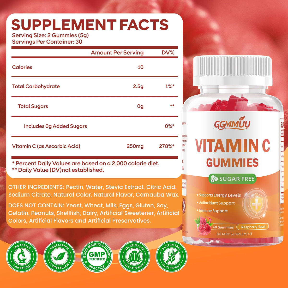 Gummies Vitamine C GGMMUU 250mg, vue de haut avec échantillon