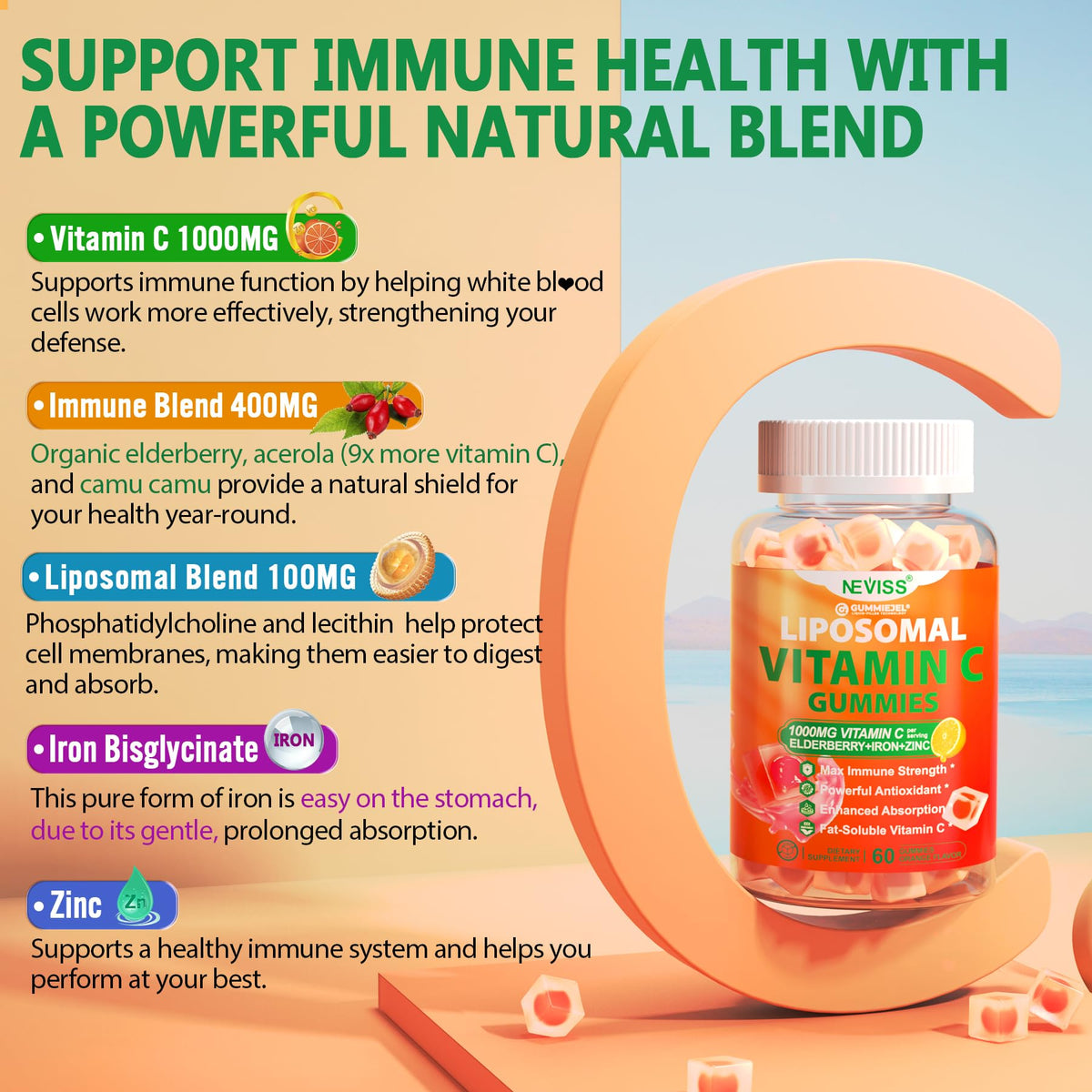Gummies Vitamine C NEVISS avec texture et couleur orange