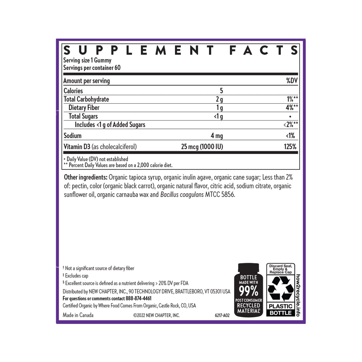 Gummies Vitamine D3 Bio New Chapter ouvertes avec une portion visible