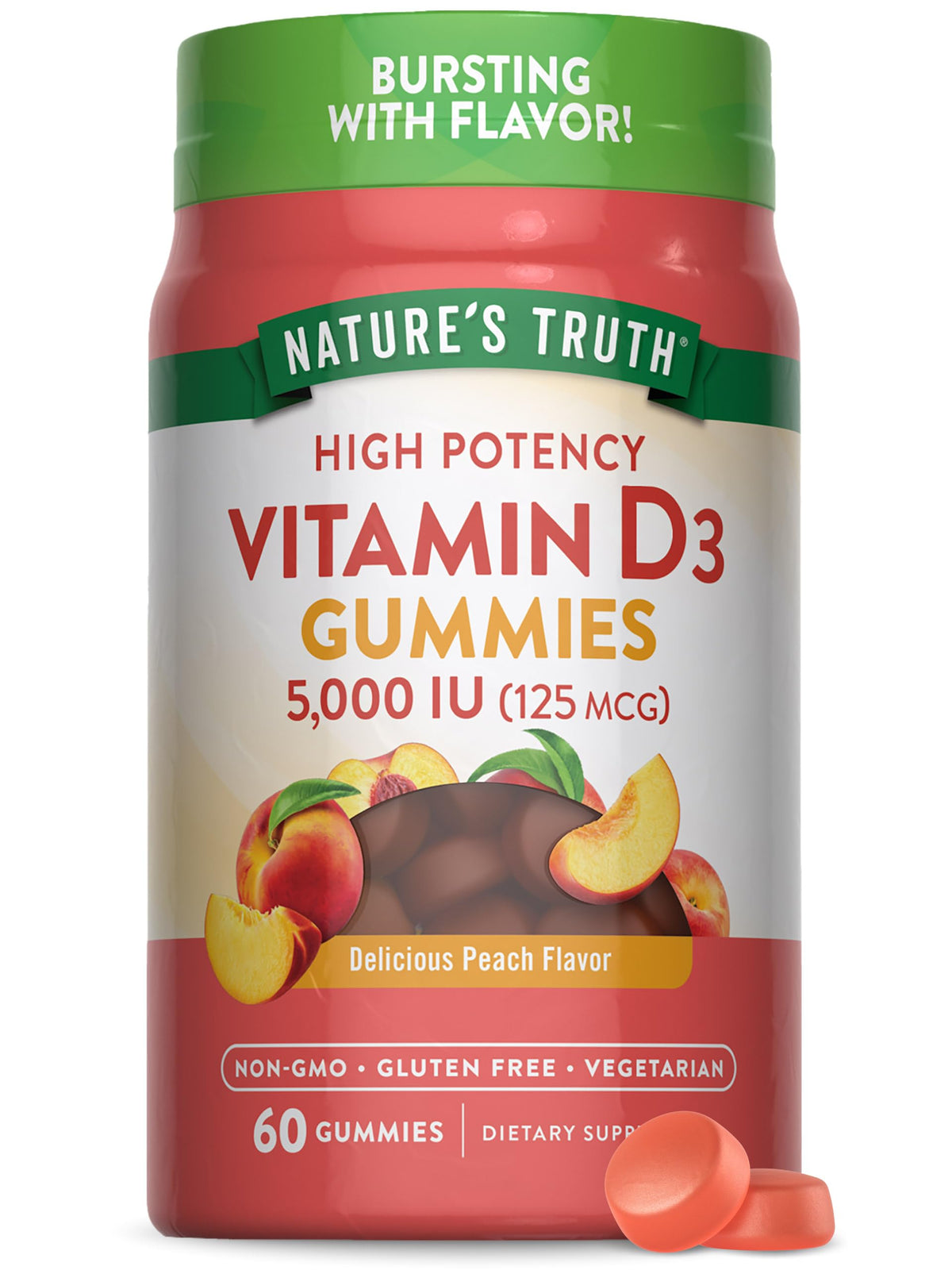 Gummies Vitamine D3 Nature's Truth 5000 IU goût pêche en vue de face